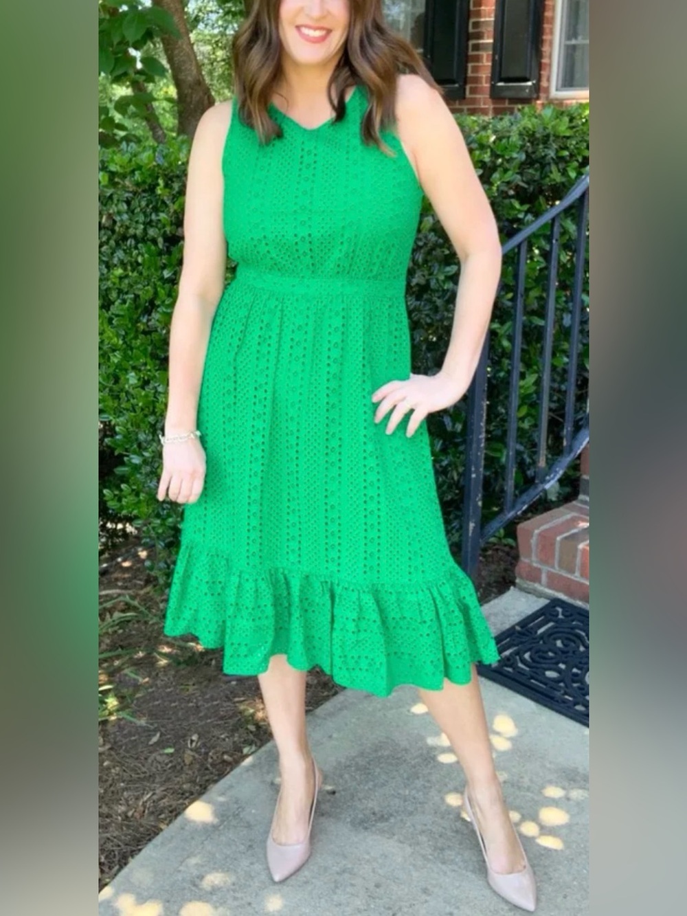 J.Crew Factory Green Eyelet Midi Cotton  Dress Size 2